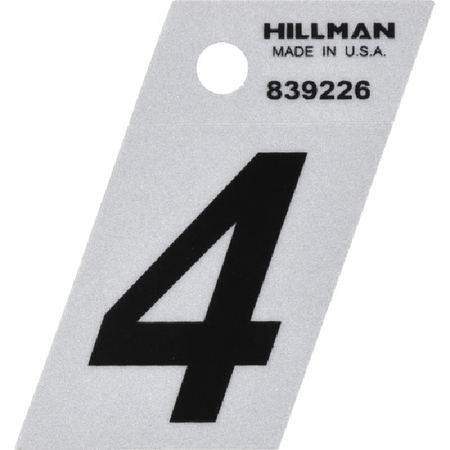 HILLMAN Angle-Cut Number, Character: 4, 1-1/2 in H Character, Black Character, Silver Background, Mylar 839226